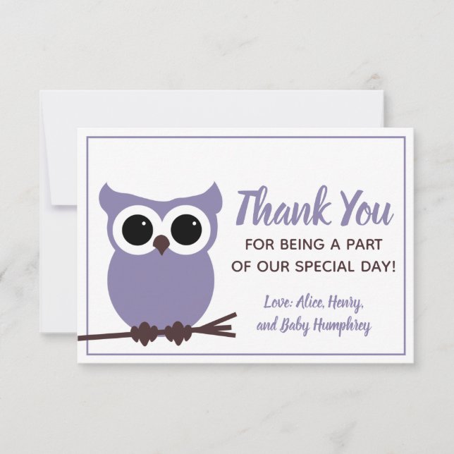 Look Whooo is Almost Due!  Purple Owl  Thank You Card (Front)