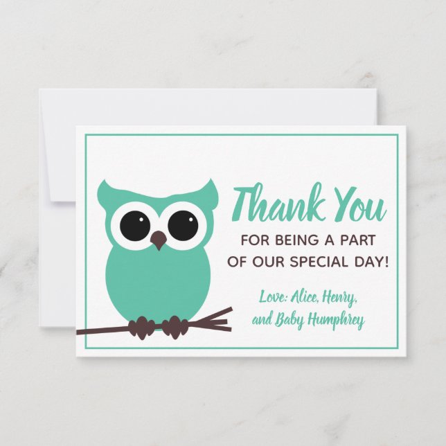 Look Whooo is Almost Due!  Teal Owl Thank You Card (Front)