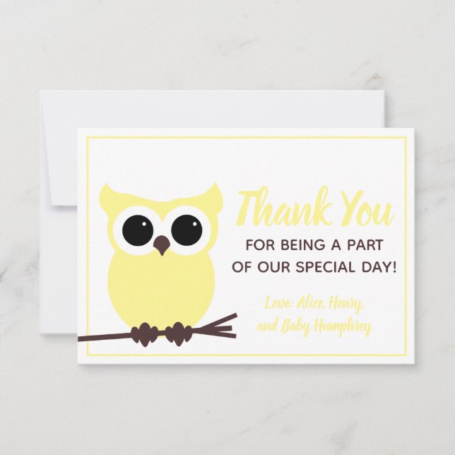 Look Whooo is Almost Due!  Yellow Owl Thank You Card (Front)