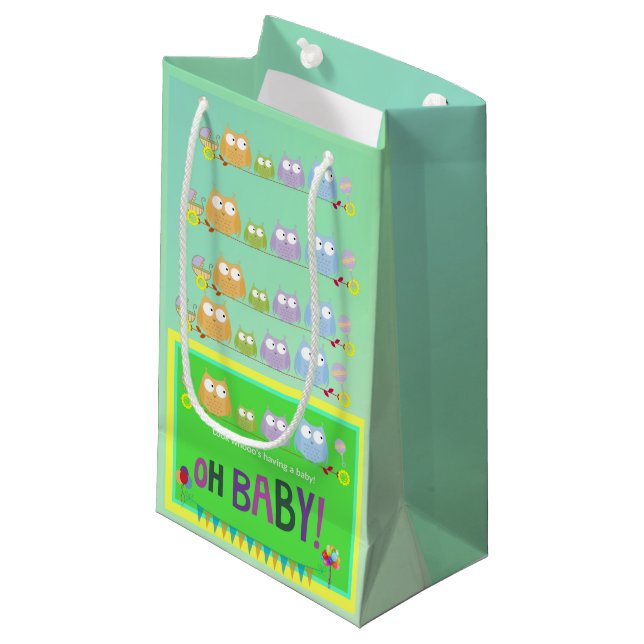 Look Whooo’s Baby Owl Pattern Green Art Small Gift Bag (Front Angled)