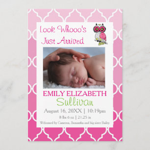 Look Whooo's Just Arrived Pink-Birth Announcement. Announcement
