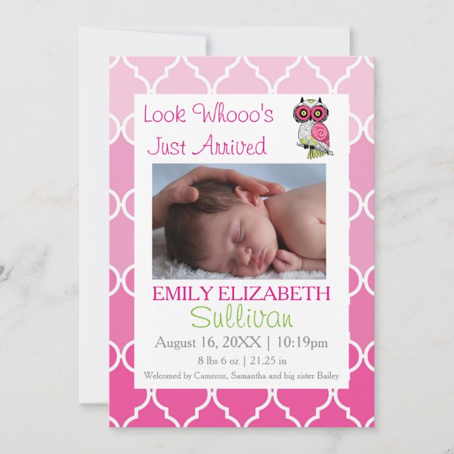 Look Whooo's Just Arrived Pink-Birth Announcement. Announcement (Front)