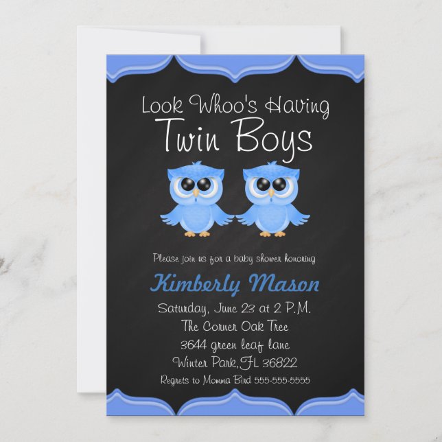 Look Whoo's Having Twin Boys Baby Shower Invite (Front)