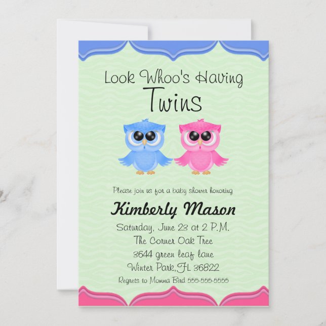 Look Whoo's Having Twins Baby Shower Invite (Front)