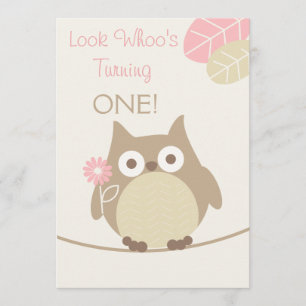 Look Whoo's Turning One Baby Girl Birthday Invitation