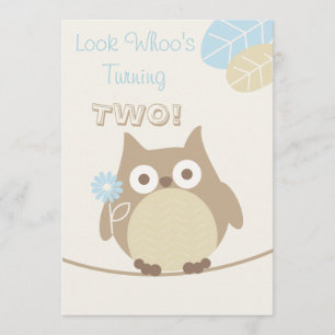 Look Whoo's Turning Two Baby Boy Birthday Invitation