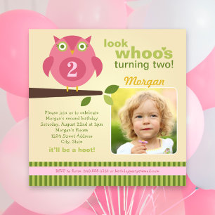 Look Whoos Turning Two Pink Owl Birthday Invitation