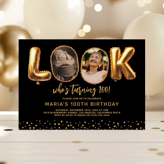 Look Who's 100 Black Gold Photo 100th Birthday Invitation (Creator Uploaded)