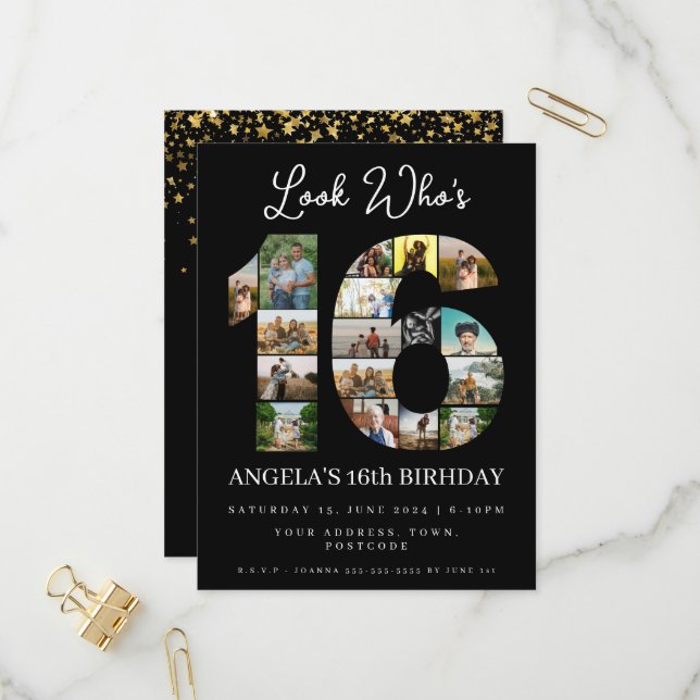 look who's 16 sweet sixteen birthday Photo invite (Front/Back In Situ)