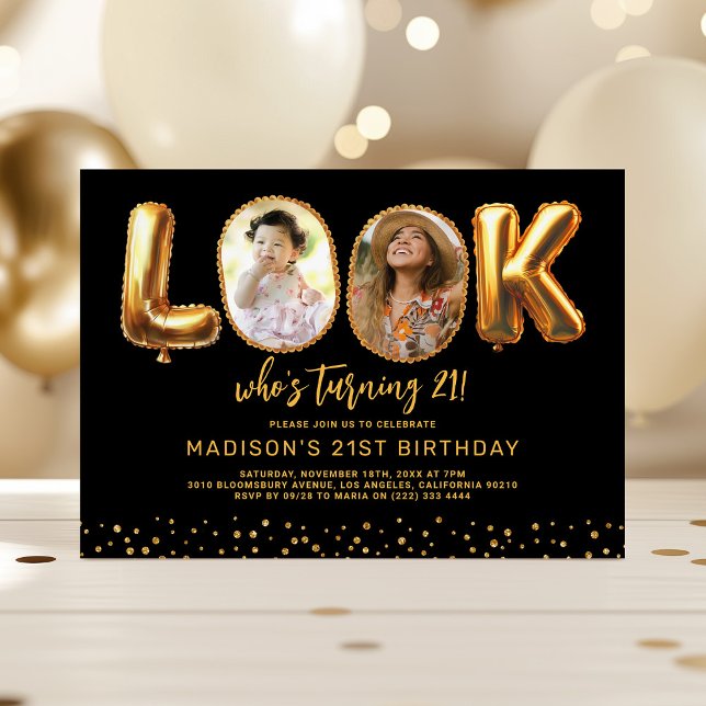 Look Who's 21 Black Gold Photo 21st Birthday Invitation (Creator Uploaded)