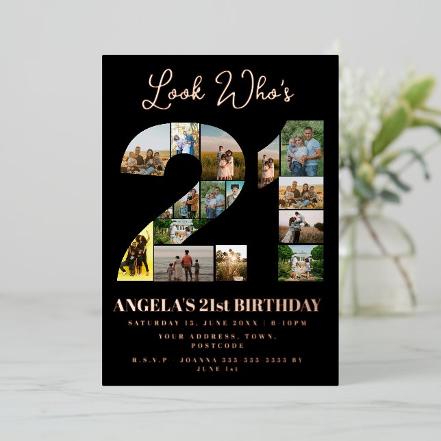 look who's 21 Photo Collage sign 21st birthday (Standing Front)