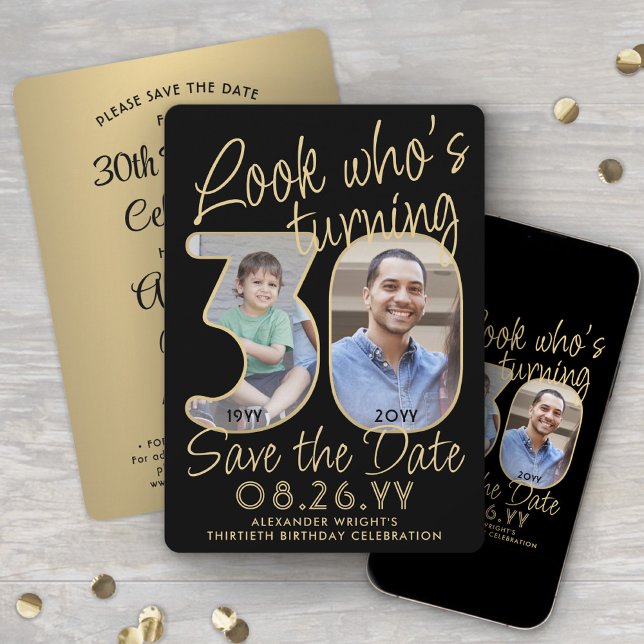 Look Who's 30 Black & Gold 2 Photo Birthday Party Save The Date (Creator Uploaded)