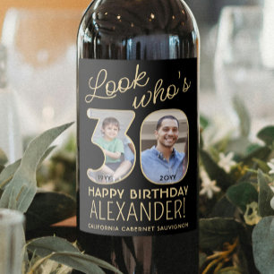 Look Who's 30 Black & Gold 2 Photo Birthday Party Wine Label