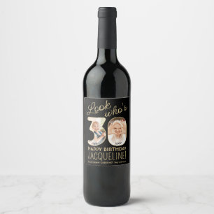 Look Who's 30 Black & Gold 2 Photo Birthday Party Wine Label