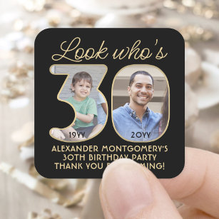 Look Who's 30 Black & Gold Birthday Party 2 Photo Square Sticker