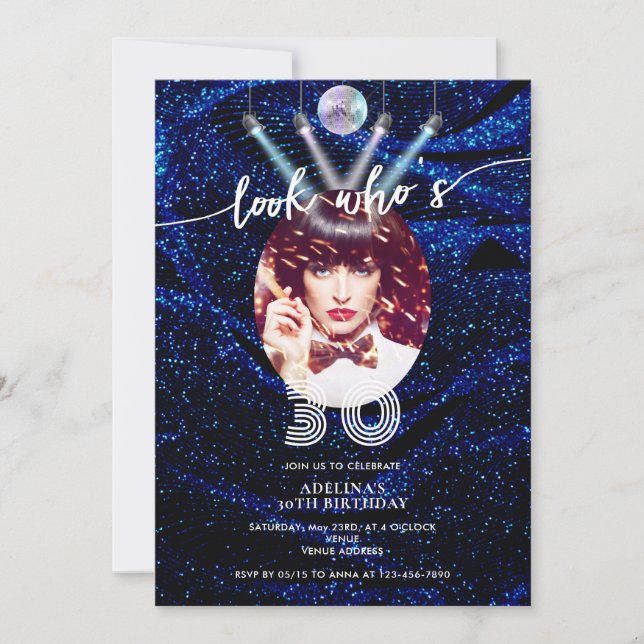 Look Who's 30 Modern Disco Retro Photo Birthday Invitation (Front)