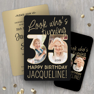 Look Who's 35 Black & Gold Birthday Party 2 Photo Invitation