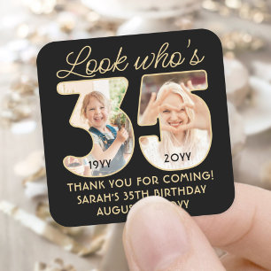Look Who's 35 Black & Gold Birthday Party 2 Photo Square Sticker