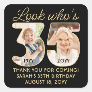 Look Who's 35 Black & Gold Birthday Party 2 Photo Square Sticker