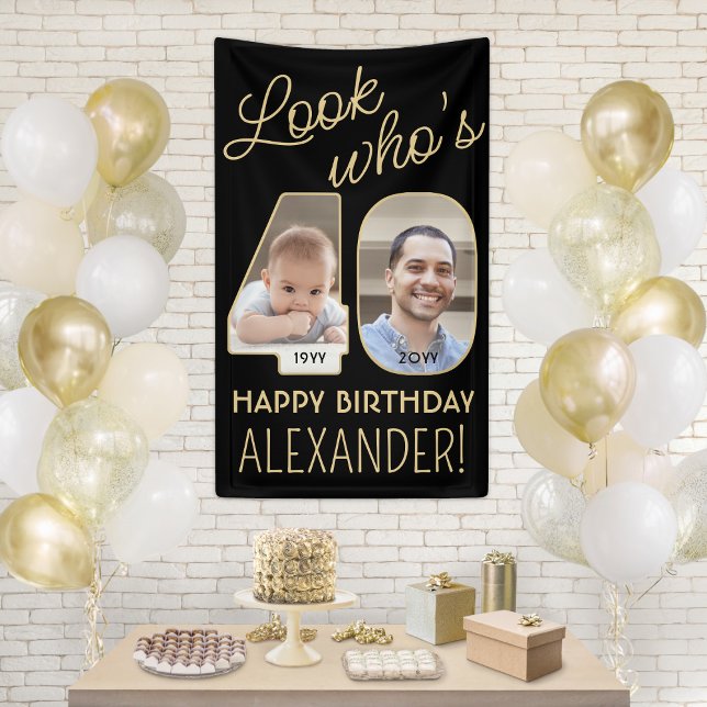 Look Who's 40 Black & Gold 2 Photo Birthday Party Banner (Creator Uploaded)