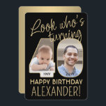Look Who's 40 Black & Gold Birthday Party 2 Photo Invitation<br><div class="desc">Look who's turning 40! Invite family and friends to an elegant 40th birthday celebration for him or her with custom 2 photo party invitations. Pictures and wording on this template are simple to personalise. (IMAGE PLACEMENT TIP: An easy way to position a photo exactly how you want is to crop...</div>