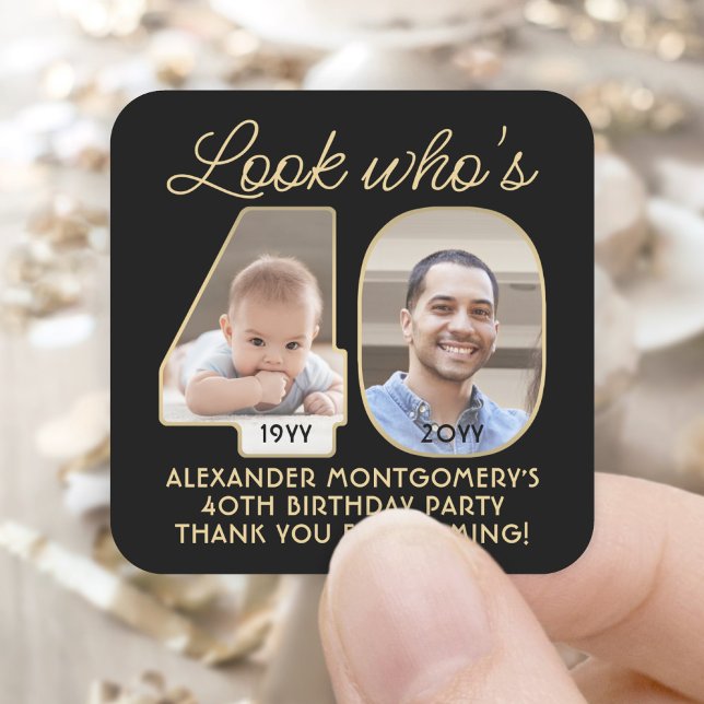 Look Who's 40 Black & Gold Birthday Party 2 Photo Square Sticker (Creator Uploaded)