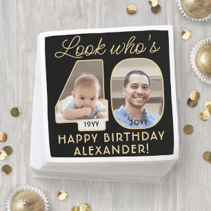 Look Who's 40 Black & Gold Happy Birthday 2 Photo Napkin