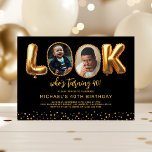 Look Who's 40 Black Gold Photo Forty Birthday Invitation<br><div class="desc">Modern adult 40th birthday invitation featuring a stylish black background, a fun "look who's turing 40!" design with the two Os swapped for before and after photos, and a shimmering gold glitter border at the bottom. The easy-to-personalise text template makes customising your event details simple. Set the scene for a...</div>
