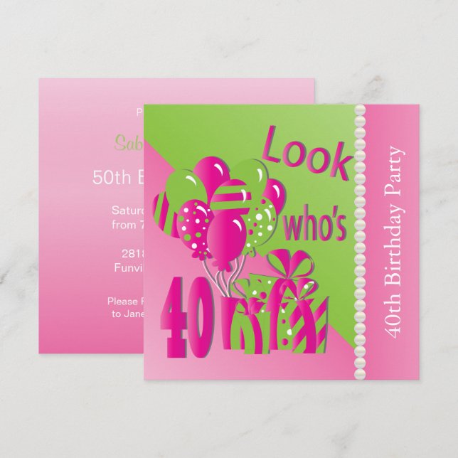 Look Who's 40 in Pink - 40th Birthday Invitation (Front/Back)