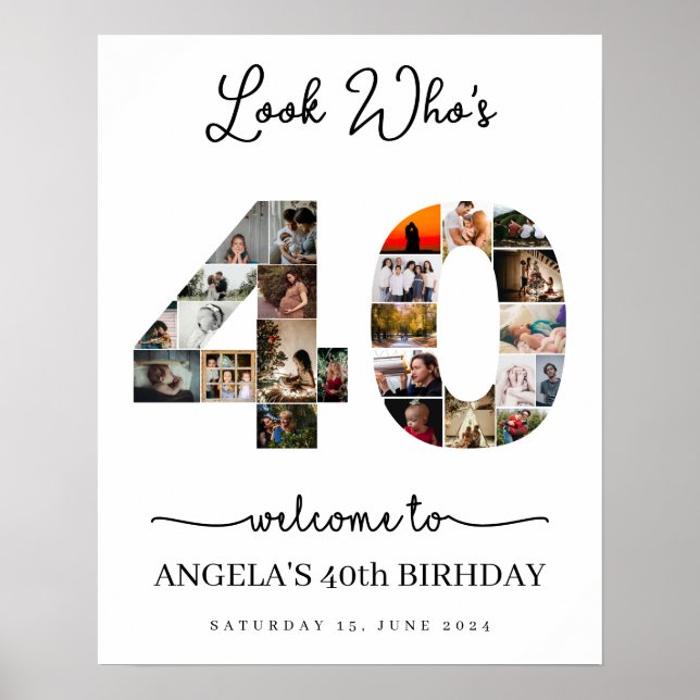 look who's 40 Photo Collage birthday party sign (Front)