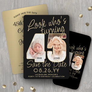 Look Who's 45 Black & Gold Birthday Party 2 Photo Save The Date