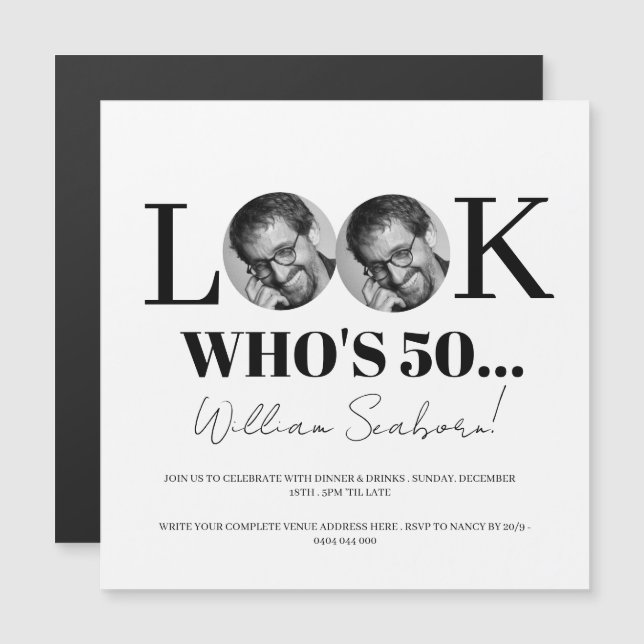 Look Who's 50, 50th Invitation with photo custom  (Front/Back)