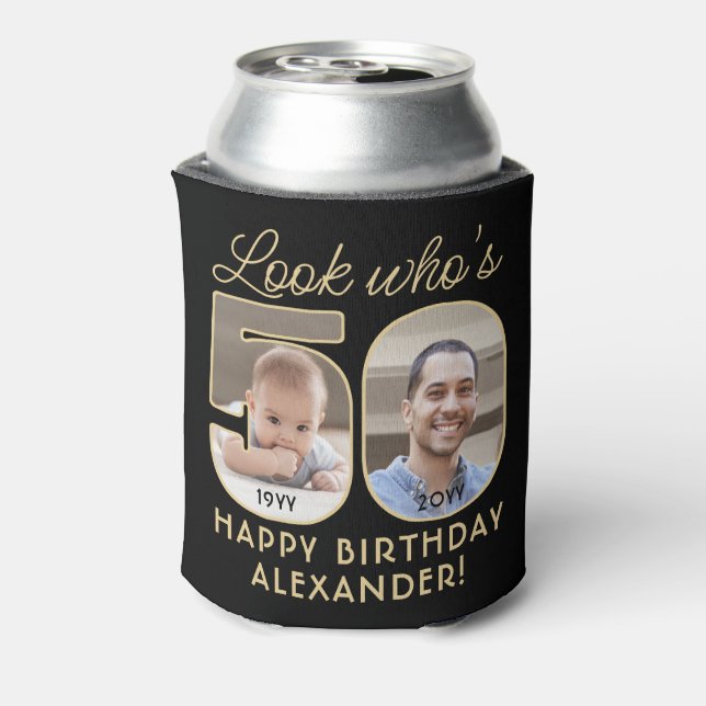 Look Who's 50 Black & Gold 2 Photo Birthday Party Can Cooler (Can Back)