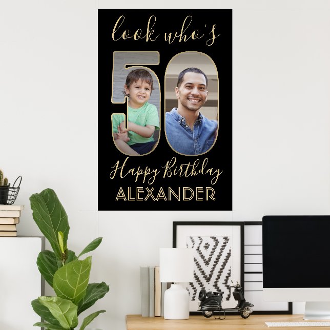 Look Who's 50 Black & Gold 2 Photo Birthday Party Poster (Home Office)