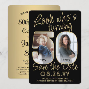 Look Who's 50 Black & Gold 2 Photo Birthday Party Save The Date