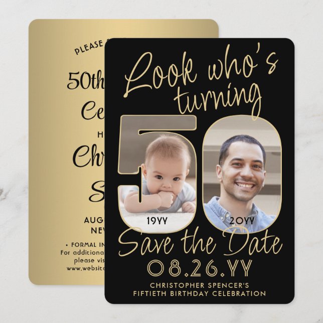 Look Who's 50 Black & Gold 2 Photo Birthday Party Save The Date (Front/Back)