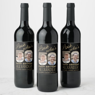 Look Who's 50 Black & Gold 2 Photo Birthday Party Wine Label