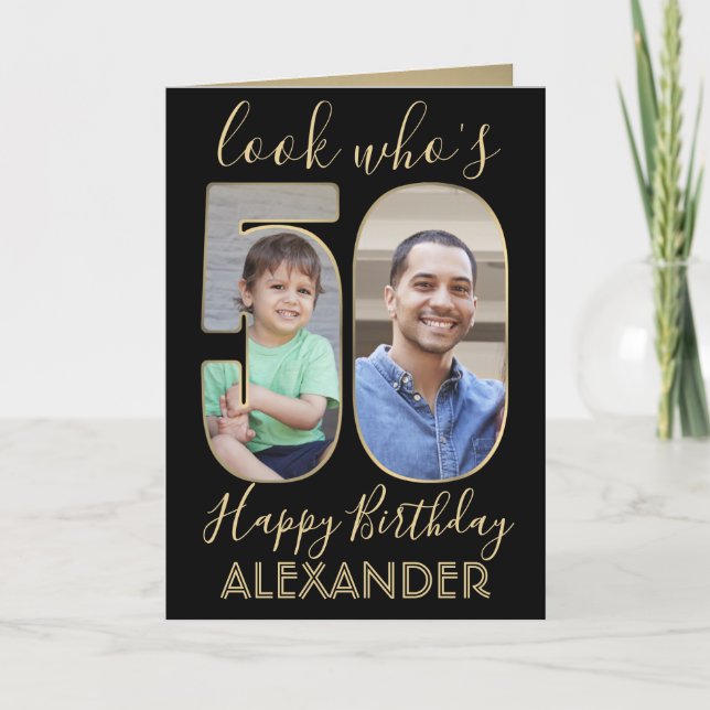 Look Who's 50 Black & Gold 2 Photo Happy Birthday Card (Front)
