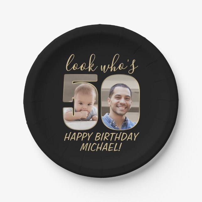 Look Who's 50 Black & Gold 2 Photo Happy Birthday Paper Plate (Front)