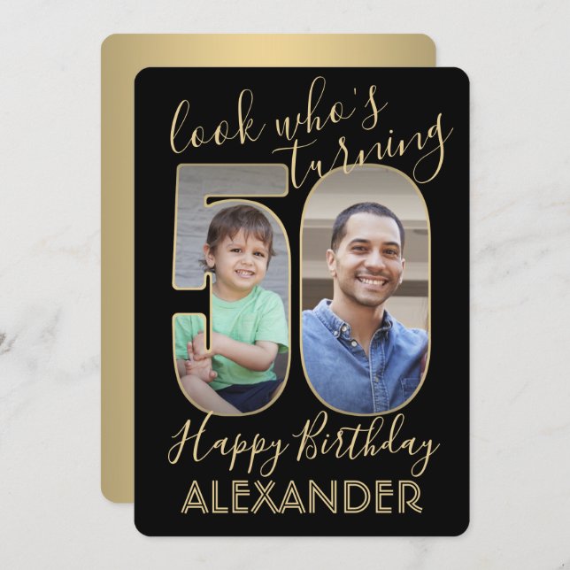 Look Who's 50 Black & Gold Birthday Party 2 Photo Invitation (Front/Back)