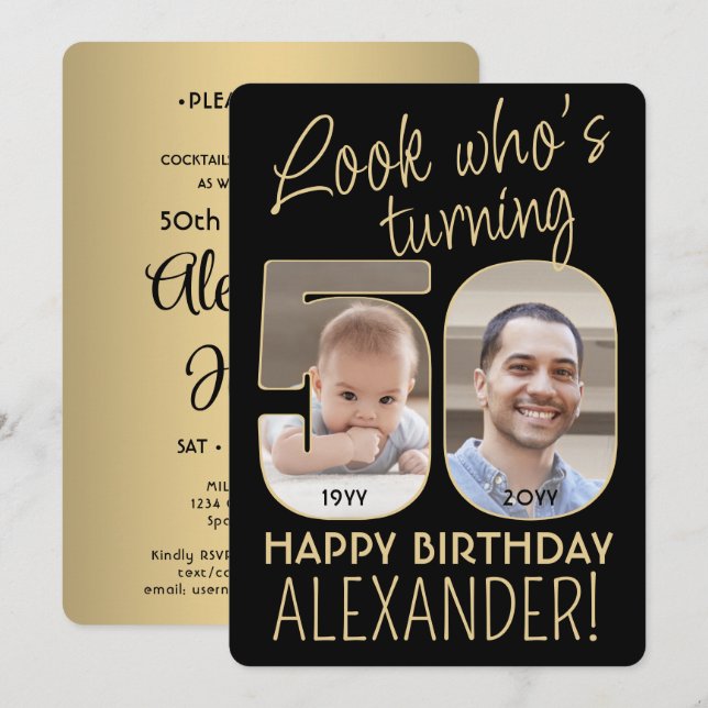 Look Who's 50 Black & Gold Birthday Party 2 Photo Invitation (Front/Back)