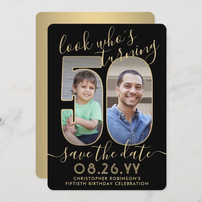 Look Who's 50 Black & Gold Birthday Party 2 Photo Save The Date (Front/Back)