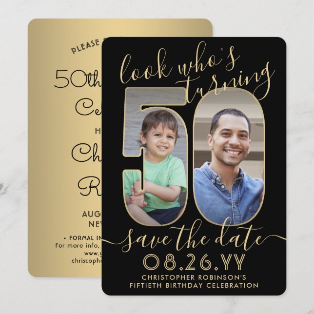 Look Who's 50 Black & Gold Birthday Party 2 Photo Save The Date (Front/Back)