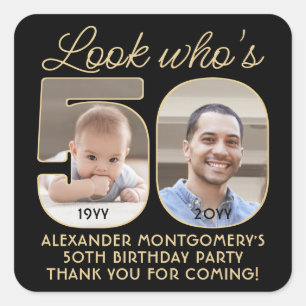 Look Who's 50 Black & Gold Birthday Party 2 Photo Square Sticker