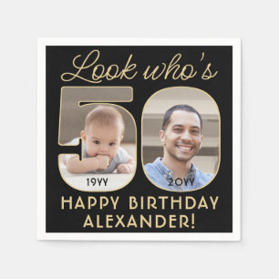 Look Who's 50 Black & Gold Happy Birthday 2 Photo Napkin