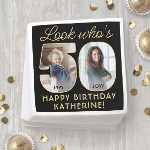 Look Who's 50 Black & Gold Happy Birthday 2 Photo Napkin