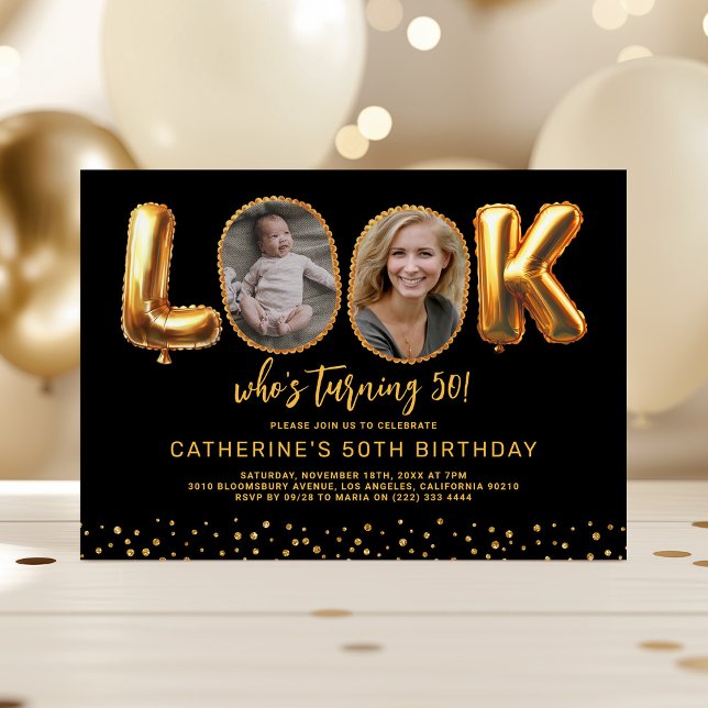 Look Who's 50 Black Gold Photo Fifty Birthday Invitation (Creator Uploaded)