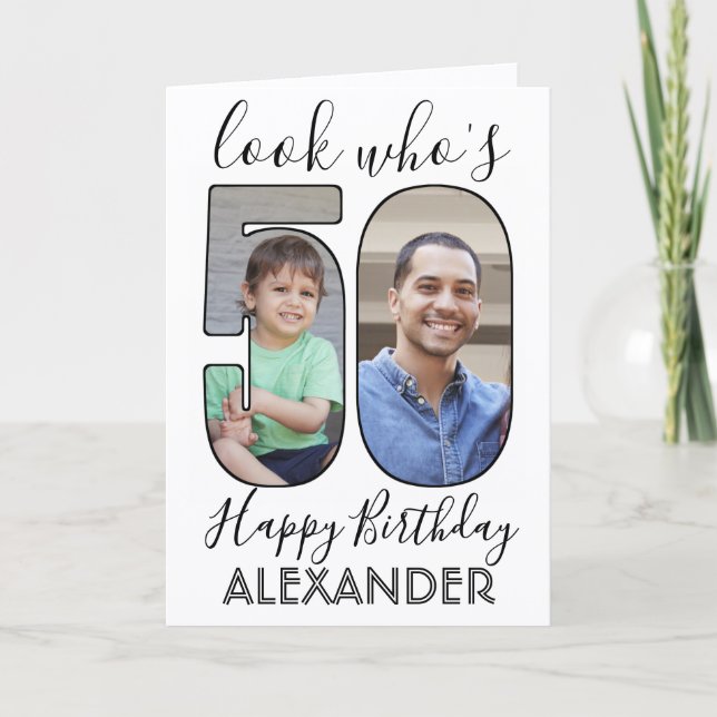 Look Who's 50 Black & White 2 Photo Happy Birthday Card (Front)