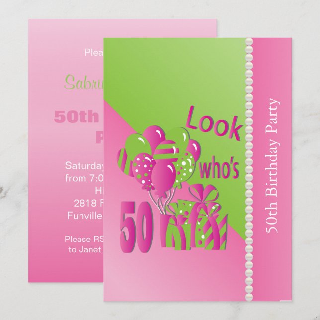 Look Who's 50 in Pretty Pink - 50th Birthday Invitation (Front/Back)