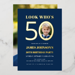 Look Who's 50 Kid Photo 50th Birthday Blue Gold